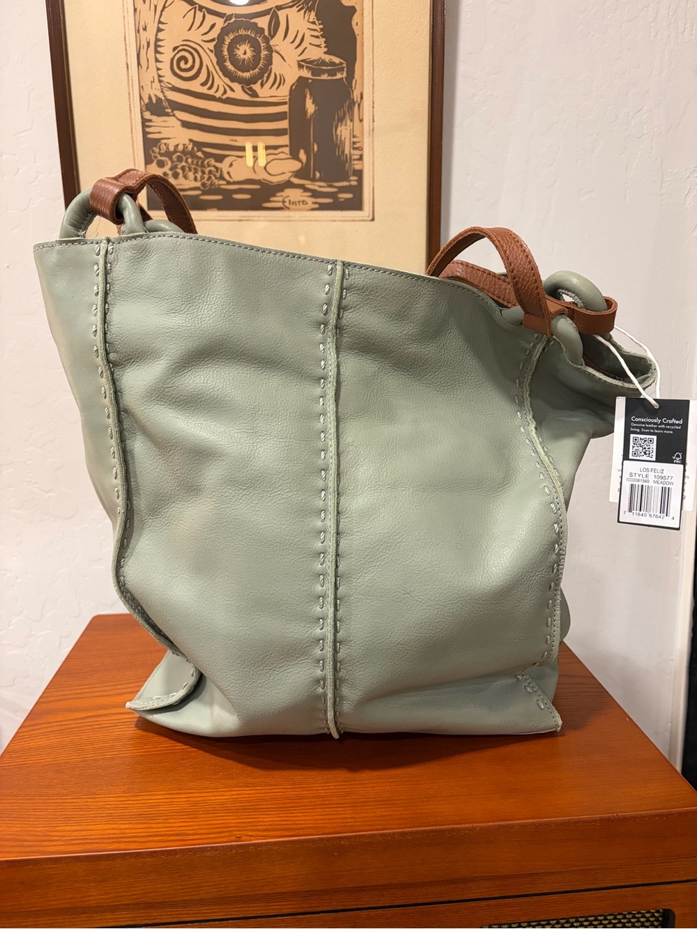 The Sak Leather Tote Bag - Sage Green with Brown Handles